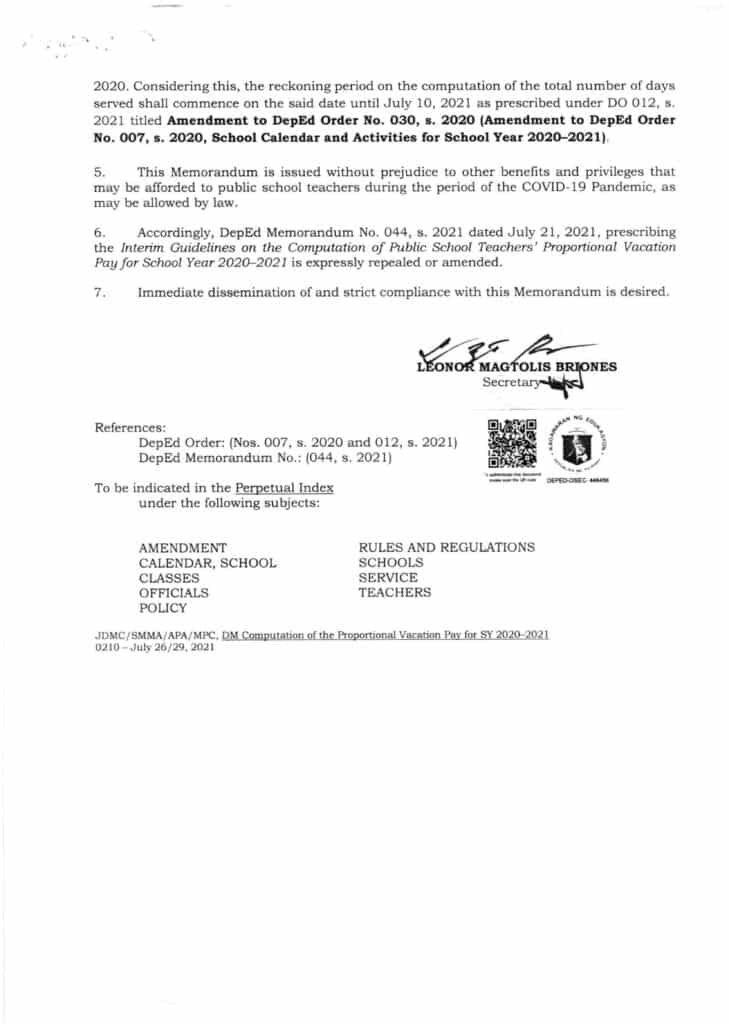 DepEd Computation of Public School Teachers’ Proportional Vacation Pay for School Year 2020–2021 - DepEd Memorandum No. 56, s. 2021