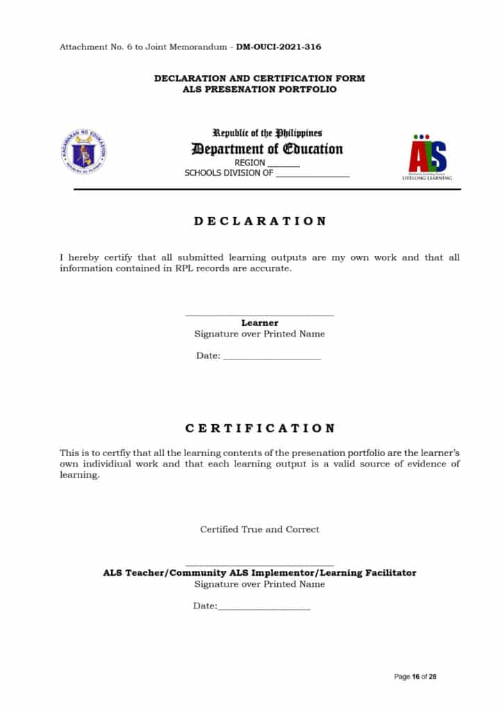 DECLARATION AND CERTIFICATION FORM ALS PRESENTATION PORTFOLIO