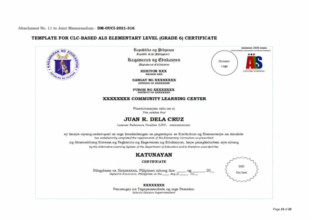 DepEd ALS Template for Community Learning Center-Based ALS Elementary Level (Grade 6) Certificate
