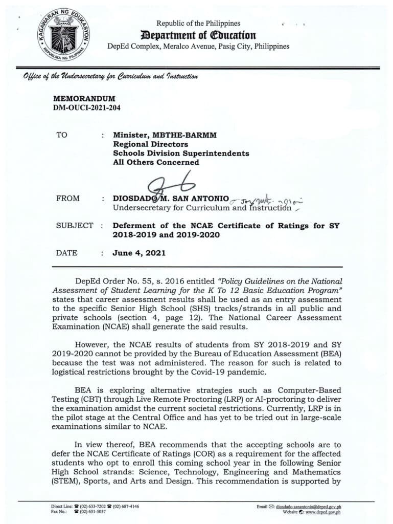 Deferment of the NCAE Certificate of Ratings for SY 2018–2019 and 2019–2020