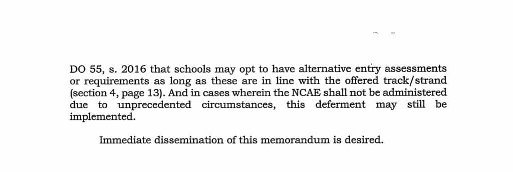 Deferment of the NCAE Certificate of Ratings for SY 2018–2019 and 2019–2020