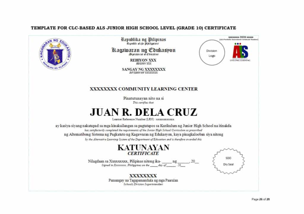 DepEd ALS Template for Community Learning Center-Based ALS Junior High School Level (Grade 10) Certificate
