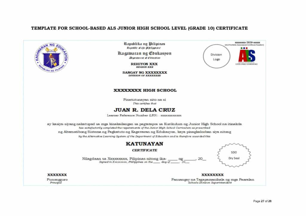 DepEd ALS Template for School-Based ALS Junior High School Level (Grade 10) Certificate