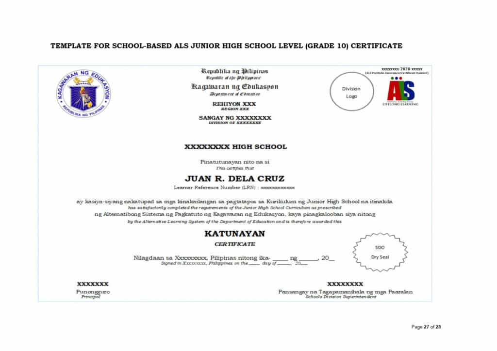 DepEd ALS Template for School-Based ALS Junior High School Level (Grade 10) Certificate 