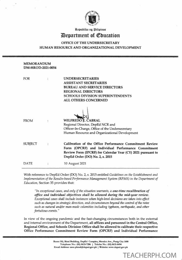 Calibration of the Office Performance Commitment Review Form (OPCRF) and Individual Performance Commitment Review Form (IPCRF) for Calendar Year (CY) 2021 pursuant to DepEd Order (DO) No. 2, s. 2015