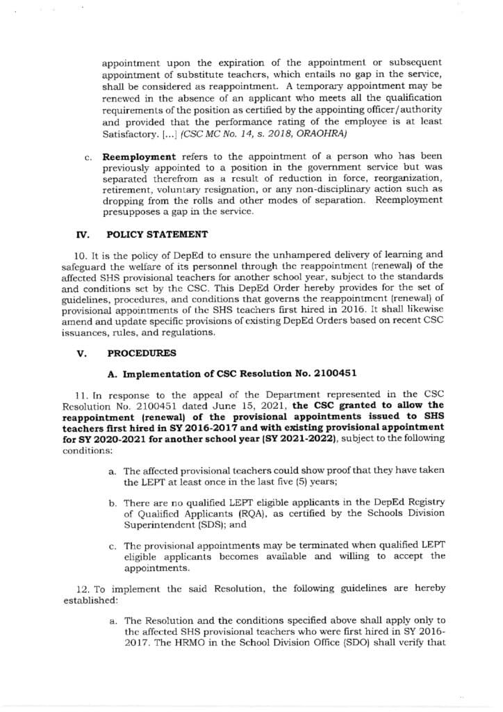 DepEd Guidelines on the Renewal of Provisional Appointment of Senior High School Teachers - 0001