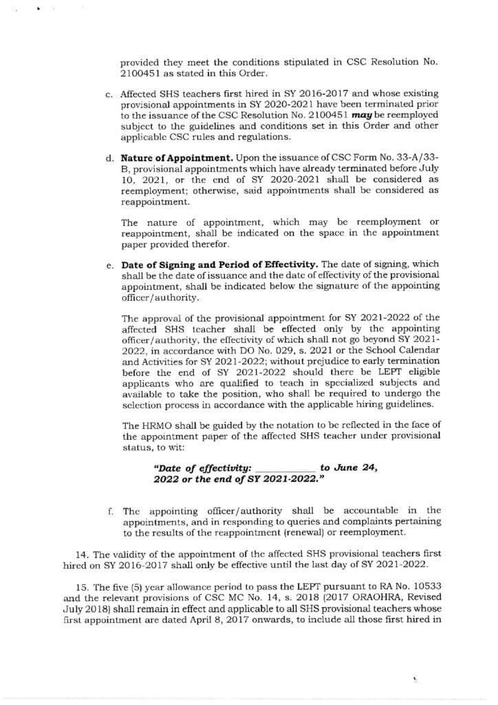 DepEd Guidelines on the Renewal of Provisional Appointment of Senior High School Teachers - 0001