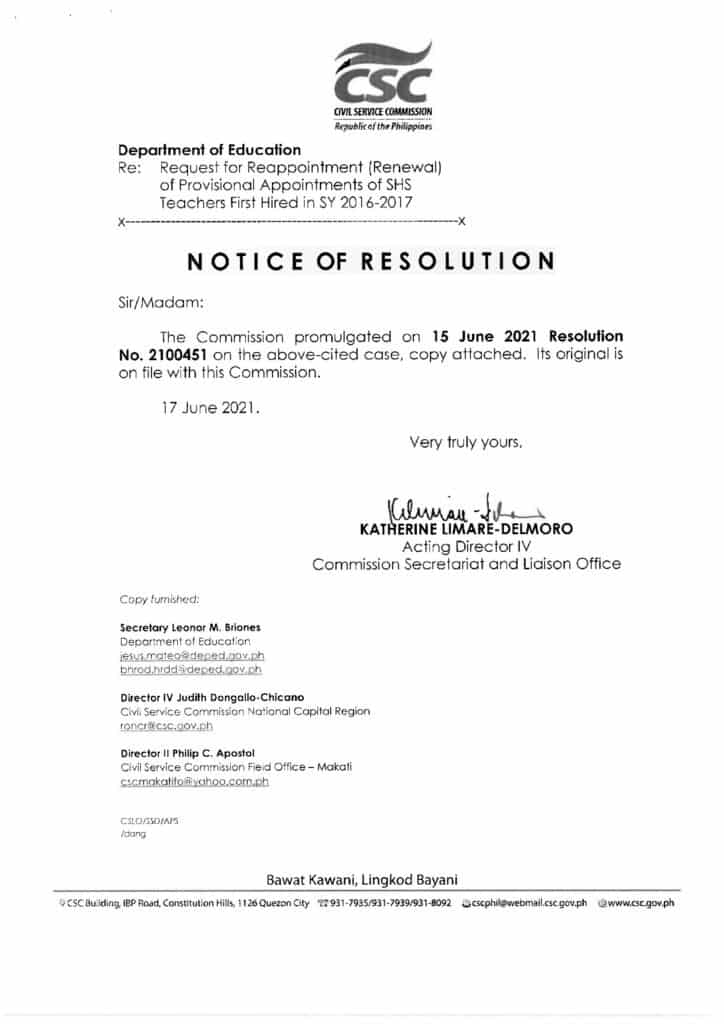 DepEd Guidelines on the Renewal of Provisional Appointment of Senior High School Teachers - 0001