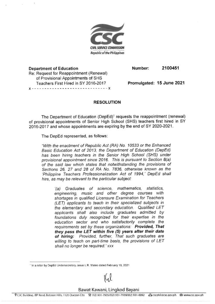 CSC Resolution No. 2100451 on the Request for Reappointment (Renewal) of Provisional Appointments of SHS Teachers First Hired in SY 2016-2017