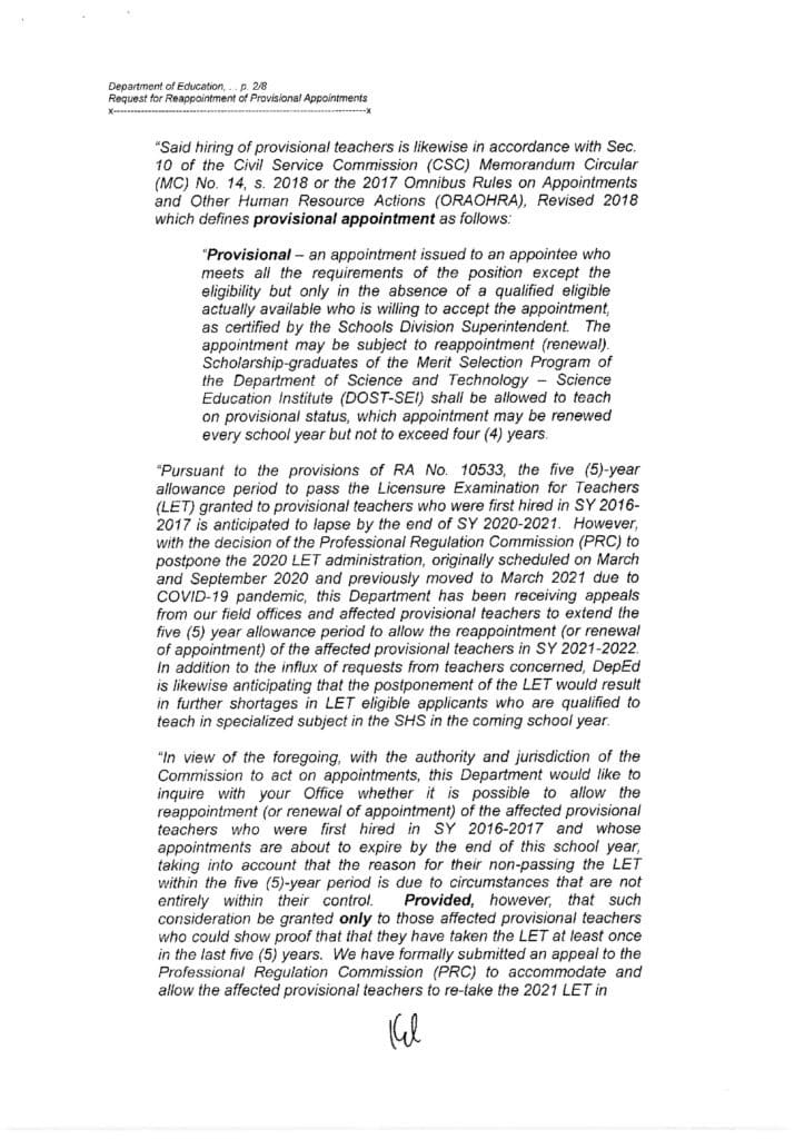 CSC Resolution No. 2100451 on the Request for Reappointment (Renewal) of Provisional Appointments of SHS Teachers First Hired in SY 2016-2017