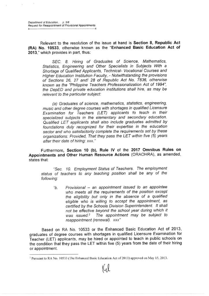 CSC Resolution No. 2100451 on the Request for Reappointment (Renewal) of Provisional Appointments of SHS Teachers First Hired in SY 2016-2017