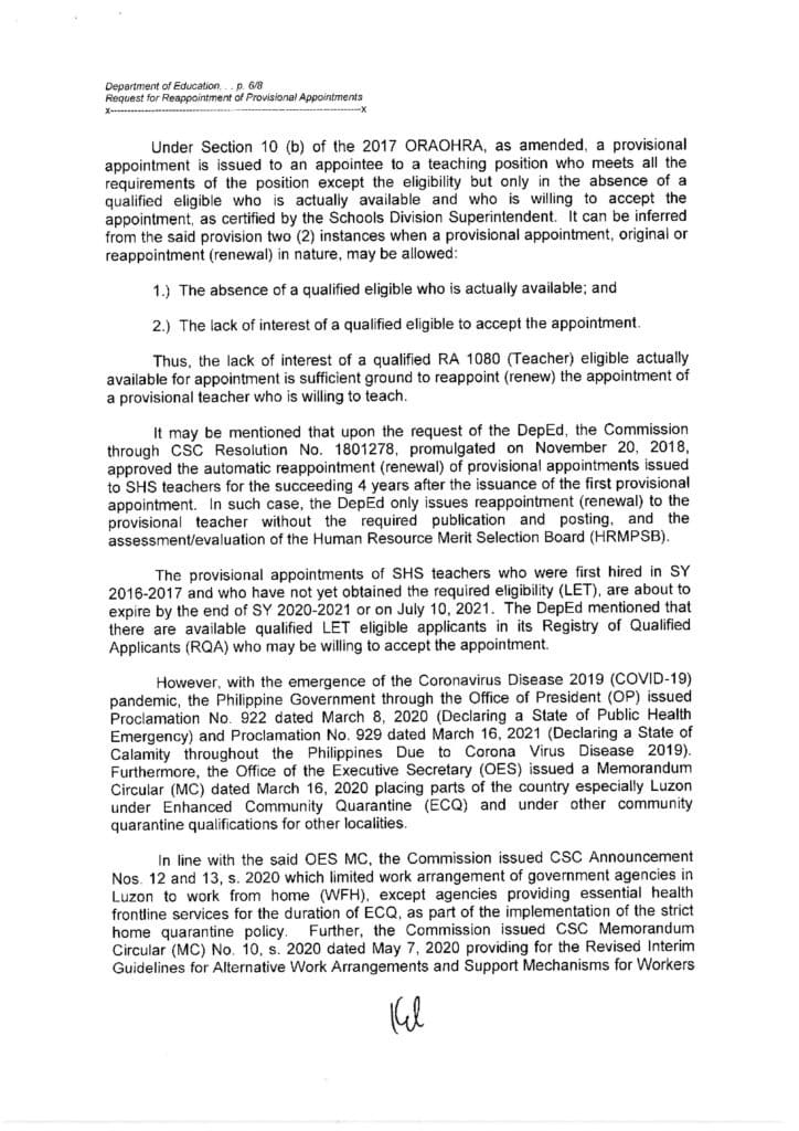 CSC Resolution No. 2100451 on the Request for Reappointment (Renewal) of Provisional Appointments of SHS Teachers First Hired in SY 2016-2017