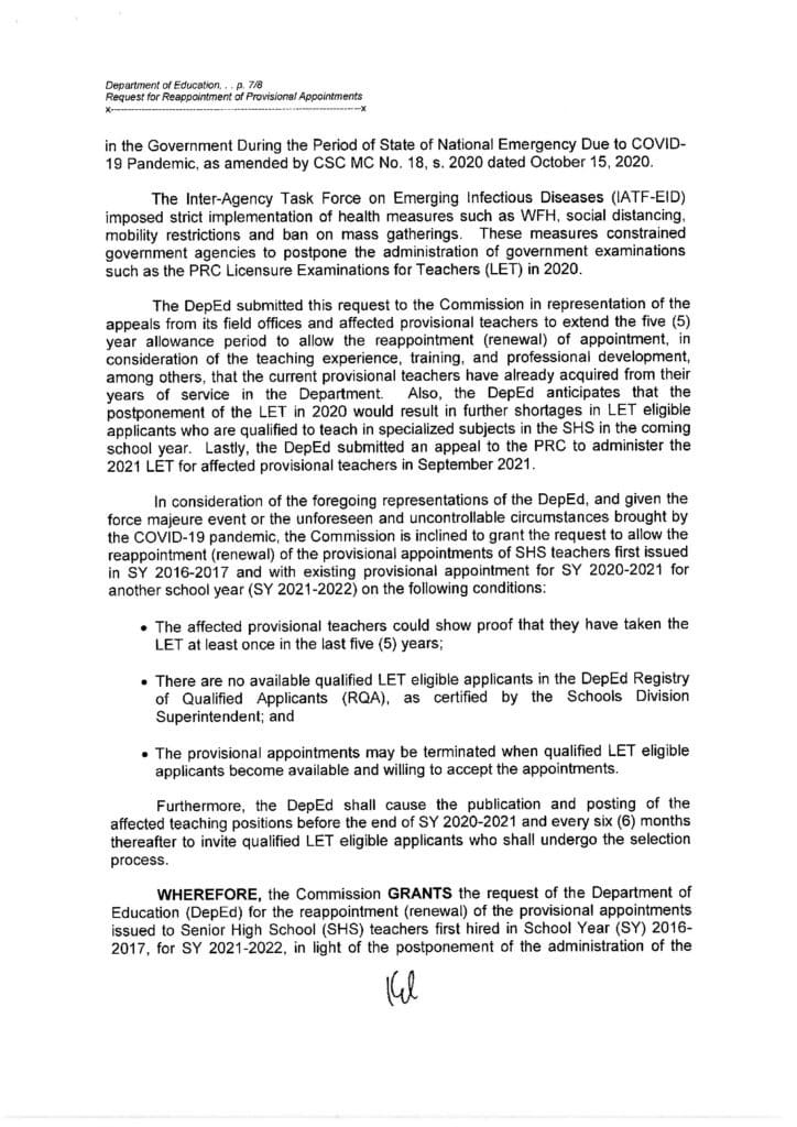 CSC Resolution No. 2100451 on the Request for Reappointment (Renewal) of Provisional Appointments of SHS Teachers First Hired in SY 2016-2017