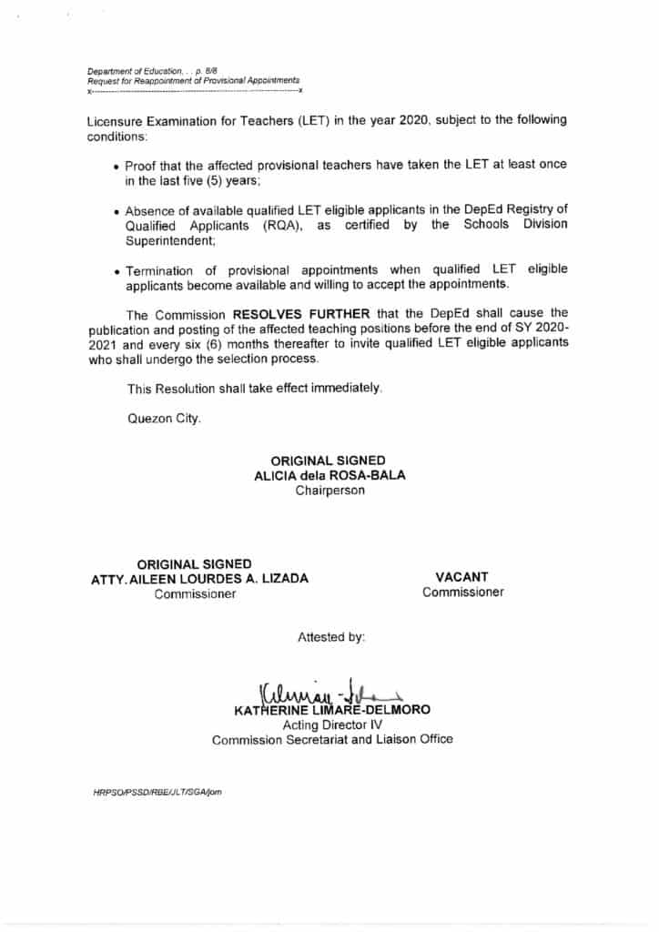 CSC Resolution No. 2100451 on the Request for Reappointment (Renewal) of Provisional Appointments of SHS Teachers First Hired in SY 2016-2017