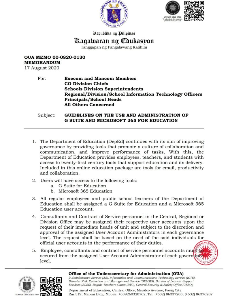 DepEd Guidelines on the Use and Administration of G Suite and Microsoft 365 for Education