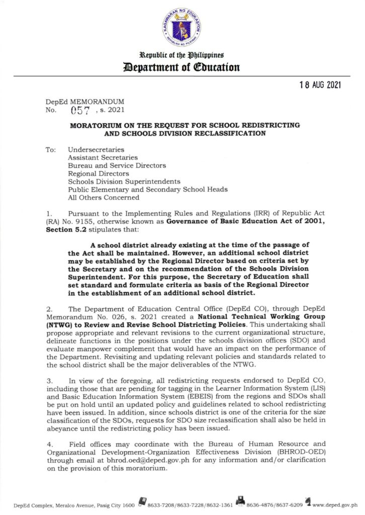 DepEd Moratorium on the Request for School Redistricting and Schools Division Reclassification