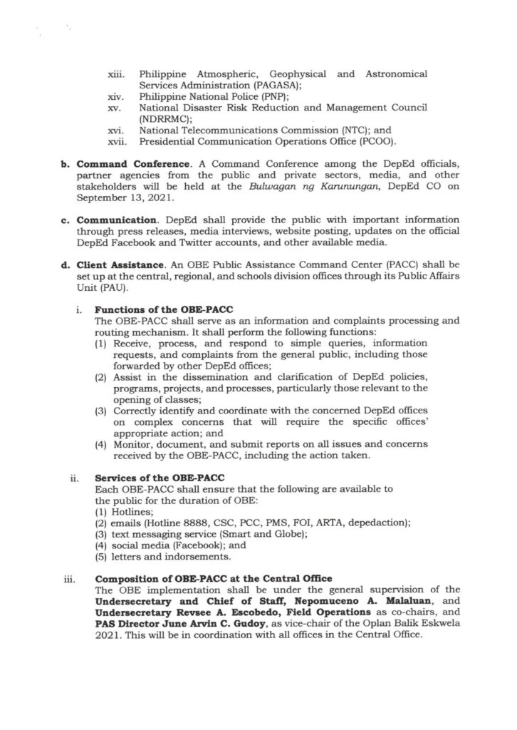 DepEd Memorandum on the 2021 National Oplan Balik Eskwela (OBE) for SY 2021-2022