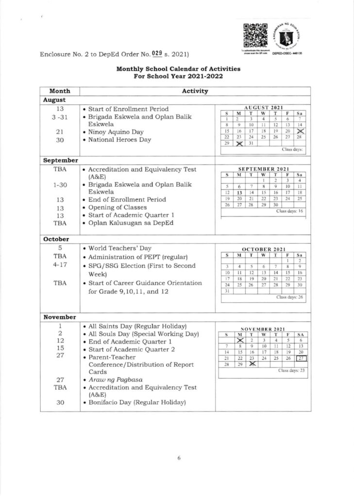 DepEd School Calendar and Activities for School Year 2021-2022