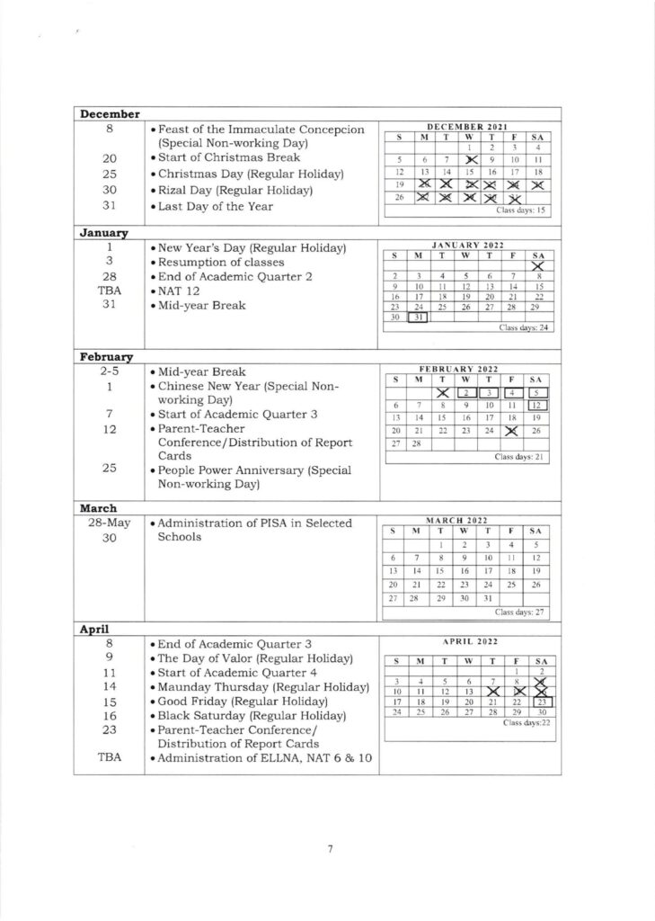 DepEd School Calendar and Activities for School Year 2021-2022