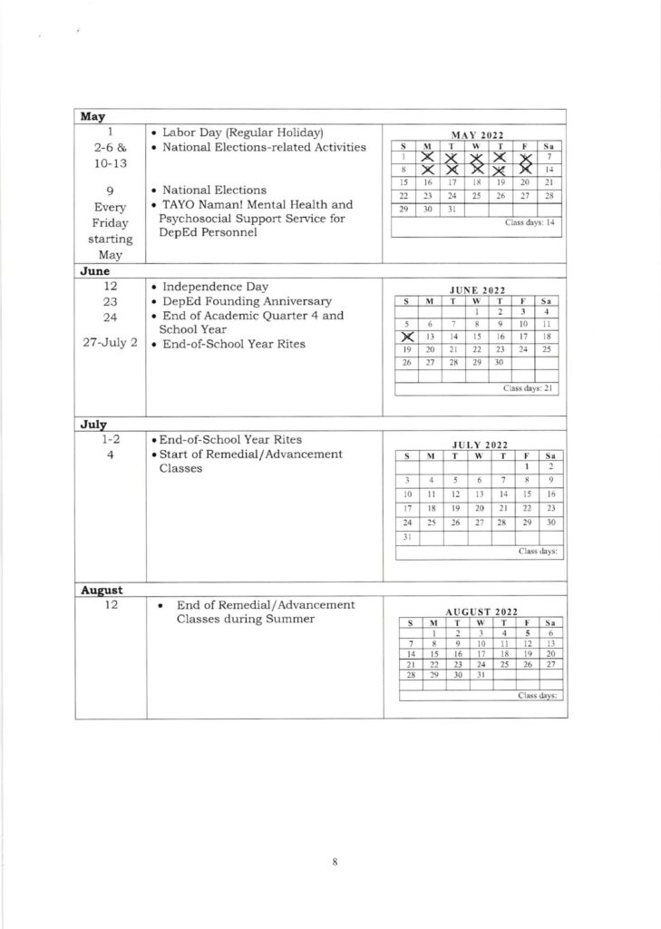 DepEd School Calendar and Activities for School Year 2021-2022