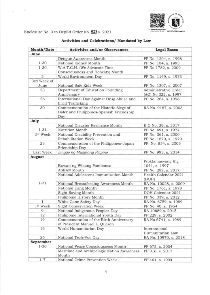 DepEd School Calendar and Activities for School Year 2021-2022