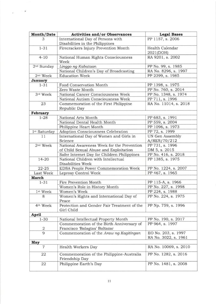 DepEd School Calendar and Activities for School Year 2021-2022