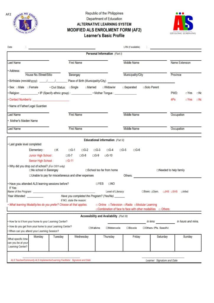 DepEd Modified ALS Enrollment Form (AF2) for SY 2021-2022