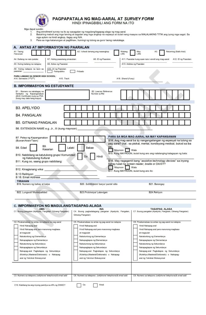 DepEd Modified Learner Enrollment and Survey Form Filipino