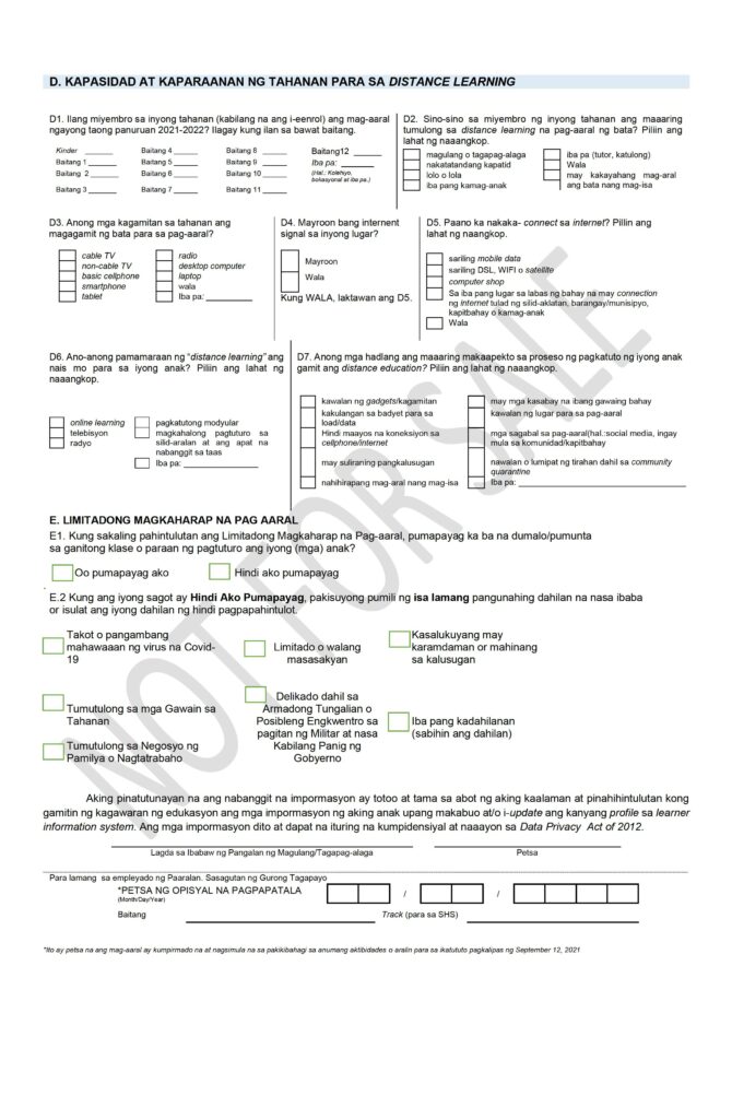 DepEd Modified Learner Enrollment and Survey Form Filipino