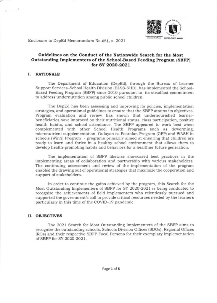 DepEd Search for the Most Outstanding Implementers of the School-Based Feeding Program (SBFP) for School Year (SY) 2020-2021