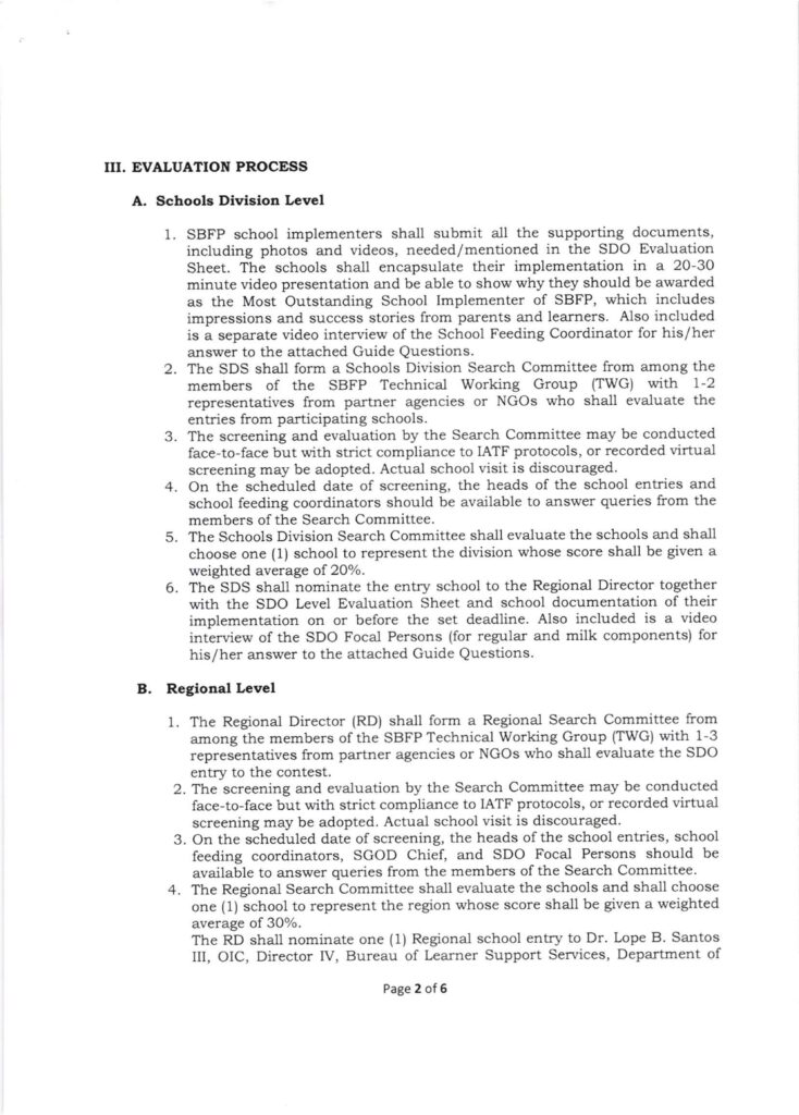 DepEd Search for the Most Outstanding Implementers of the School-Based Feeding Program (SBFP) for School Year (SY) 2020-2021