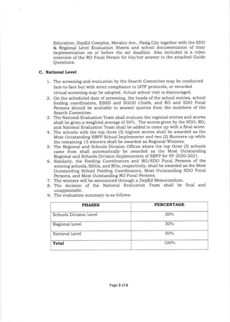 DepEd Search for the Most Outstanding Implementers of the School-Based Feeding Program (SBFP) for School Year (SY) 2020-2021