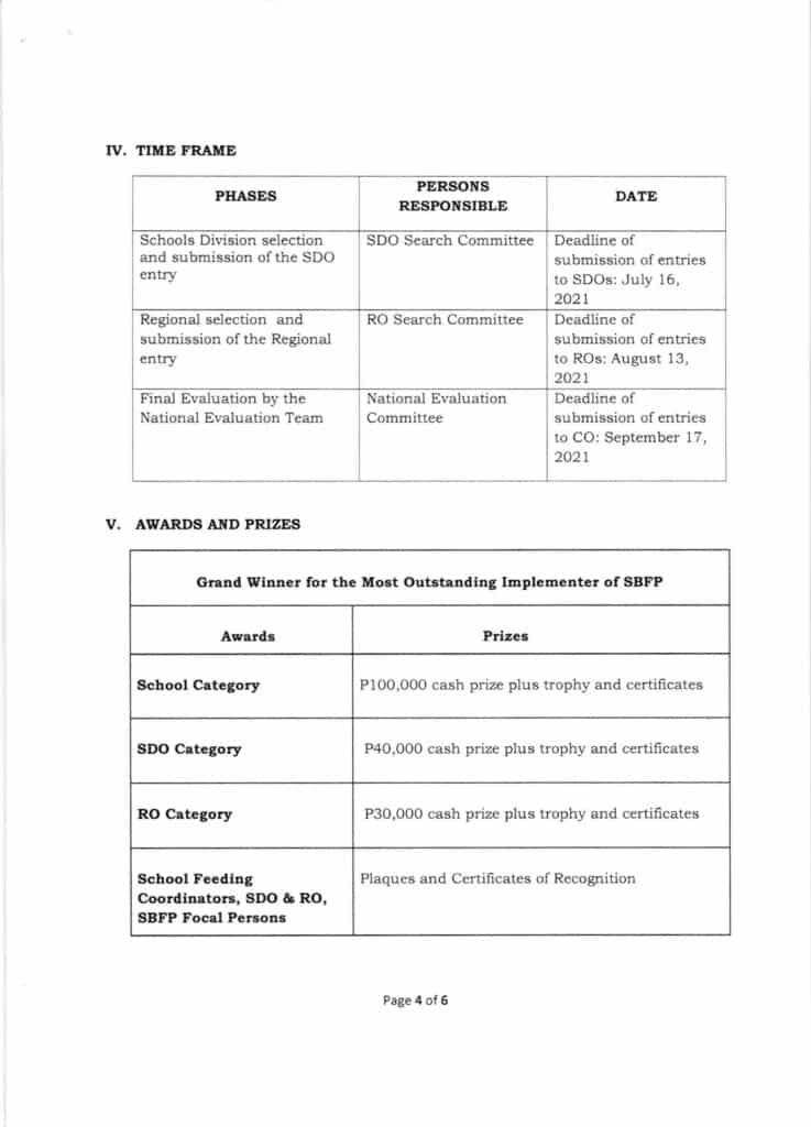 DepEd Search for the Most Outstanding Implementers of the School-Based Feeding Program (SBFP) for School Year (SY) 2020-2021