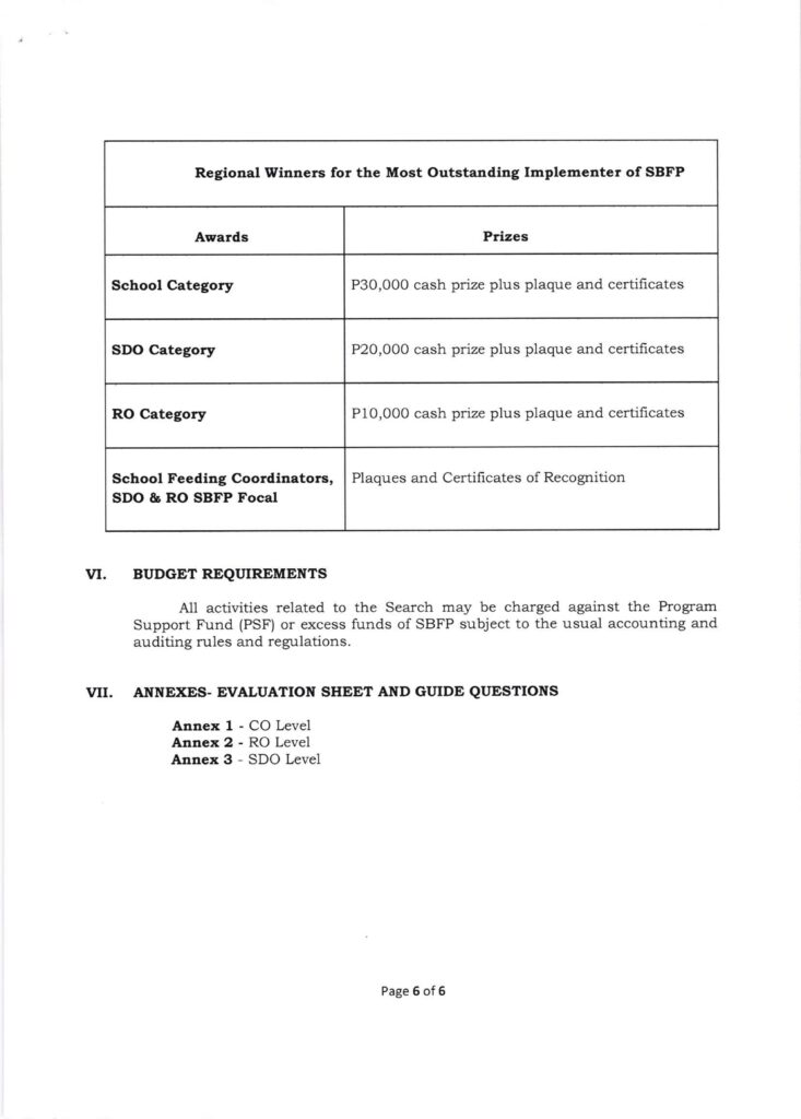 DepEd Search for the Most Outstanding Implementers of the School-Based Feeding Program (SBFP) for School Year (SY) 2020-2021