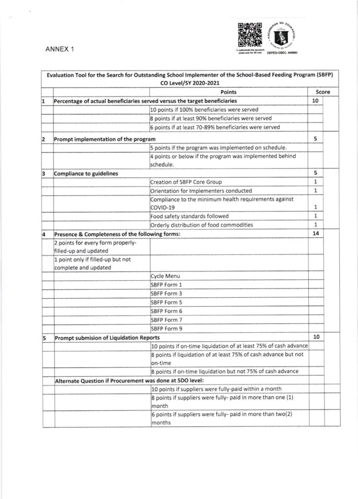 DepEd Search for the Most Outstanding Implementers of the School-Based Feeding Program (SBFP) for School Year (SY) 2020-2021
