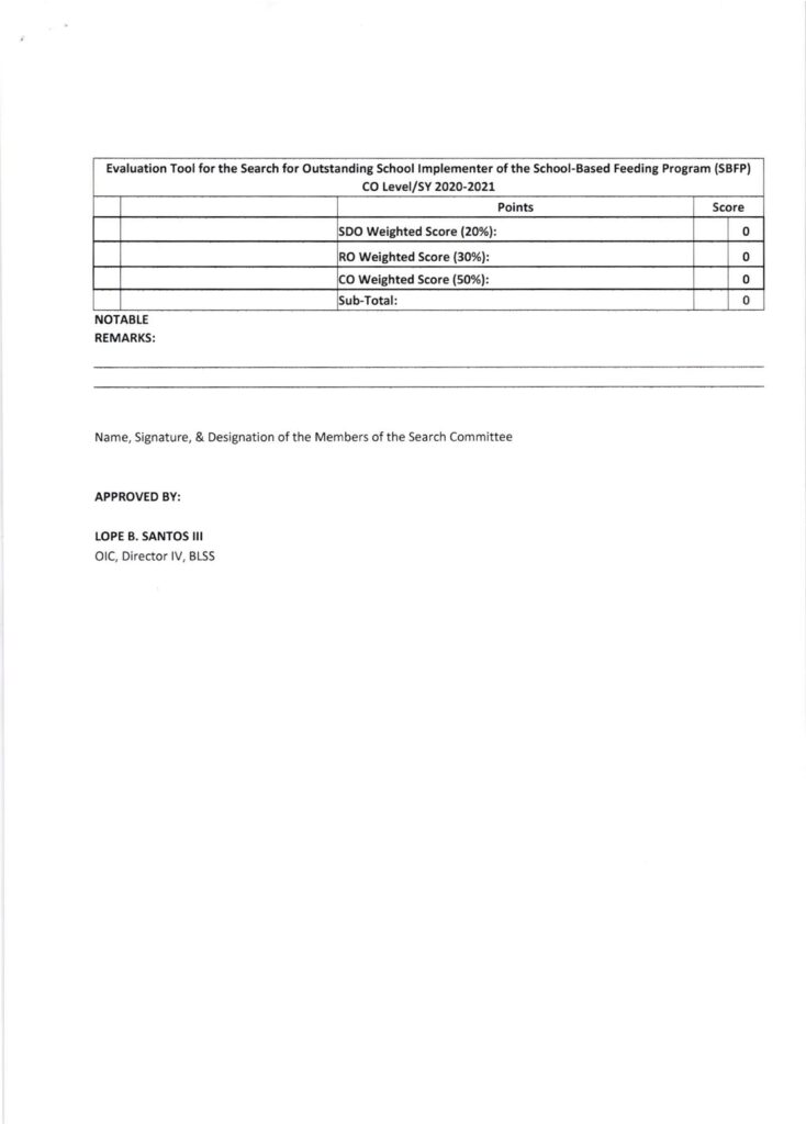 DepEd Search for the Most Outstanding Implementers of the School-Based Feeding Program (SBFP) for School Year (SY) 2020-2021
