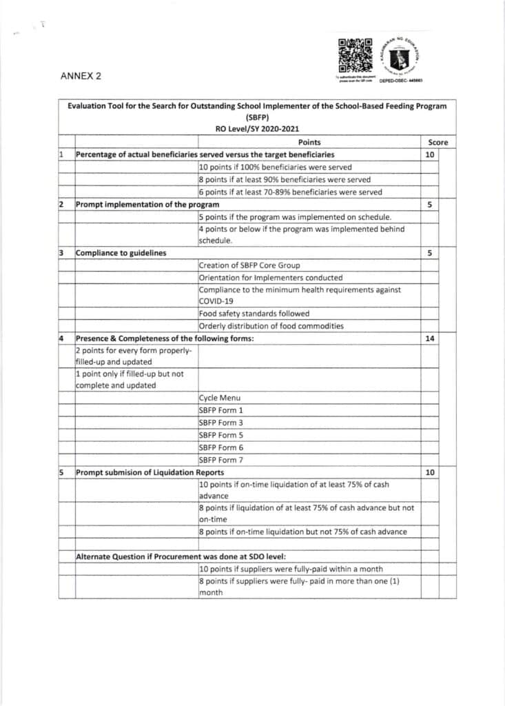 DepEd Search for the Most Outstanding Implementers of the School-Based Feeding Program (SBFP) for School Year (SY) 2020-2021