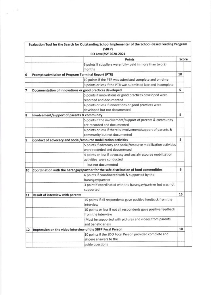 DepEd Search for the Most Outstanding Implementers of the School-Based Feeding Program (SBFP) for School Year (SY) 2020-2021