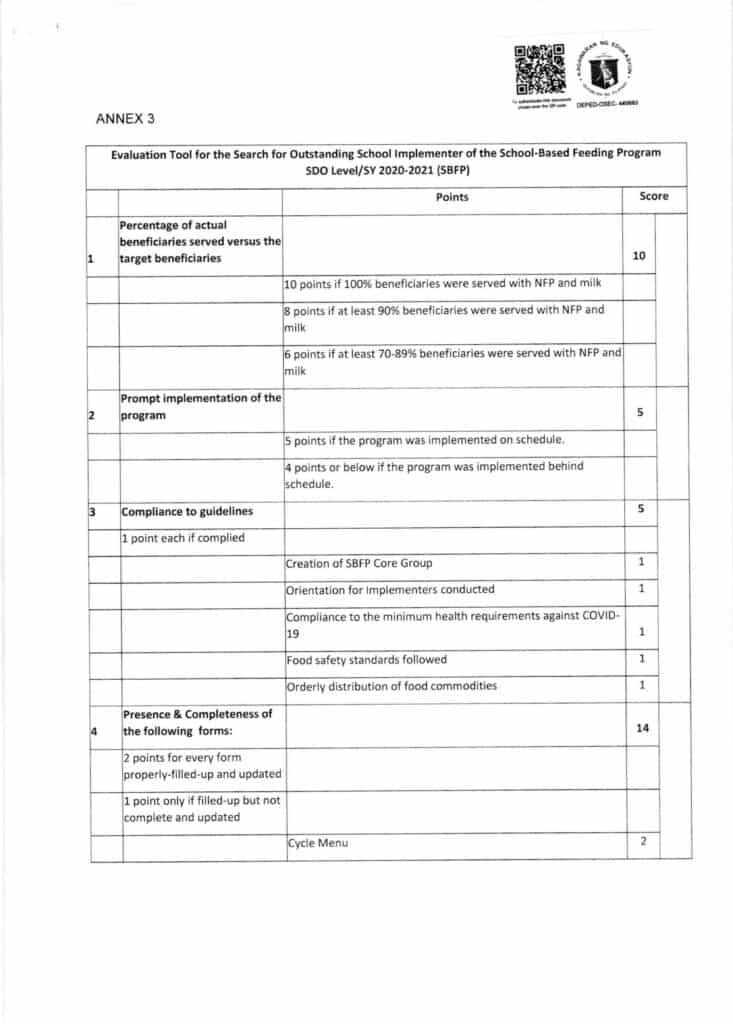 DepEd Search for the Most Outstanding Implementers of the School-Based Feeding Program (SBFP) for School Year (SY) 2020-2021