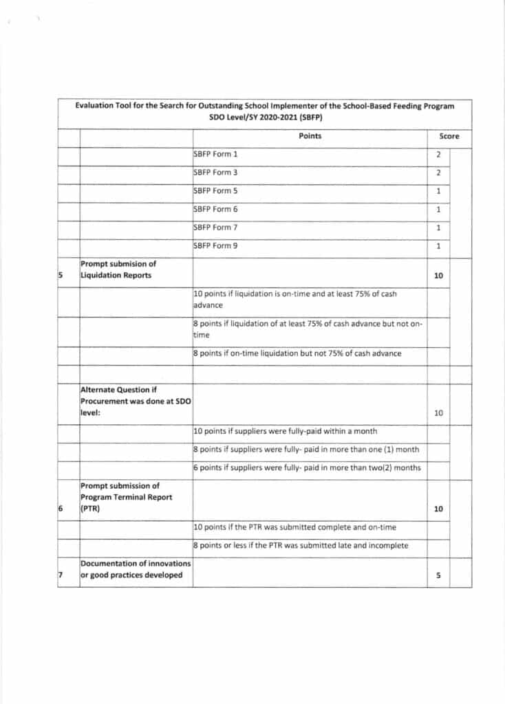 DepEd Search for the Most Outstanding Implementers of the School-Based Feeding Program (SBFP) for School Year (SY) 2020-2021