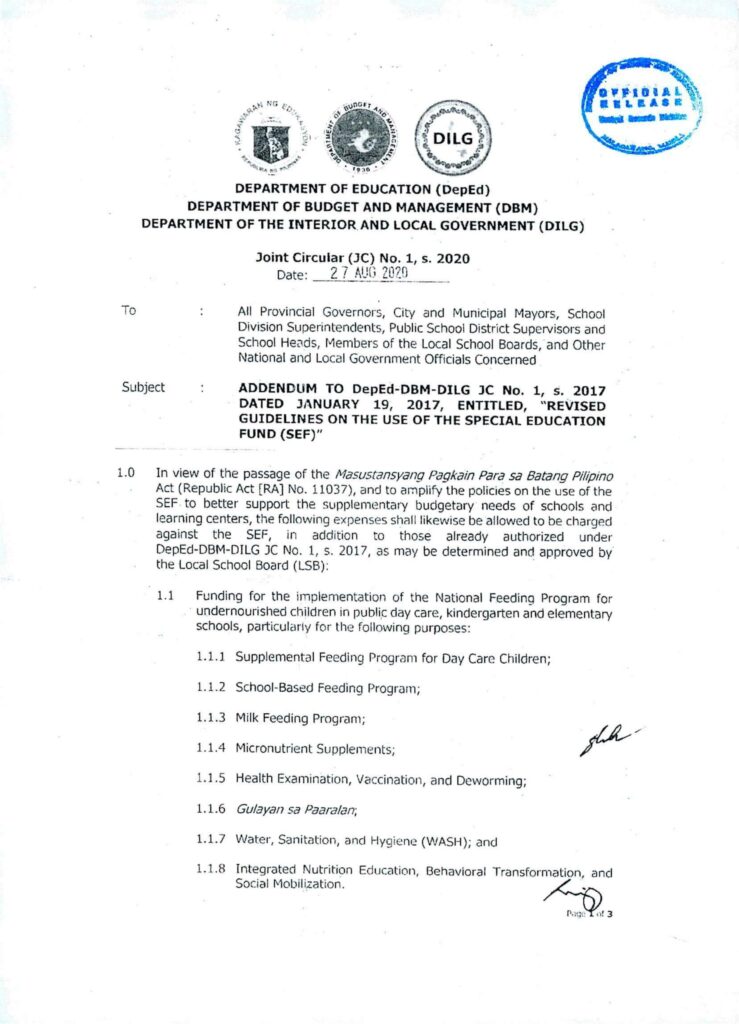 DepEd-DBM-DILG Joint Memorandum Circular No. 1, s. 2020