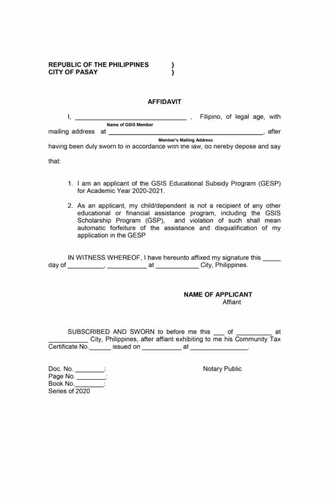 GSIS Educational Subsidy Program Affidavity of No Scholarship Template