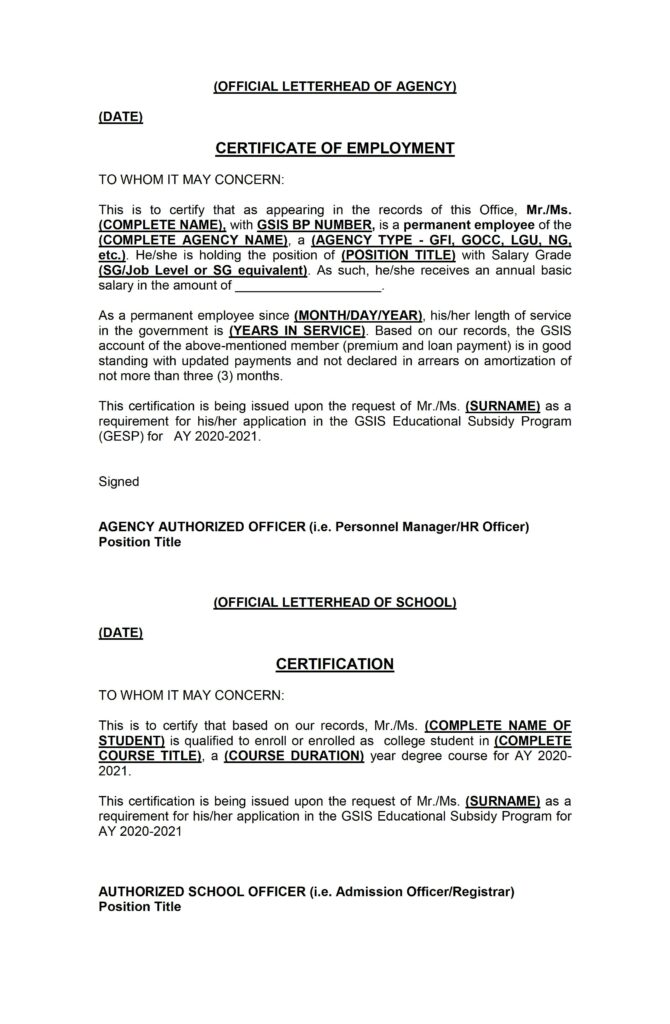 GSIS Educational Subsidy Program School and Employment Certification Template