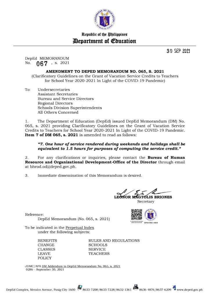 AMENDMENT TO DEPED MEMORANDUM NO. 065, S. 2021 (Clarificatory Guidelines on the Grant of Vacation Service Credits to Teachers for School Year 2020-2021 In Light of the COVID-19 Pandemic)