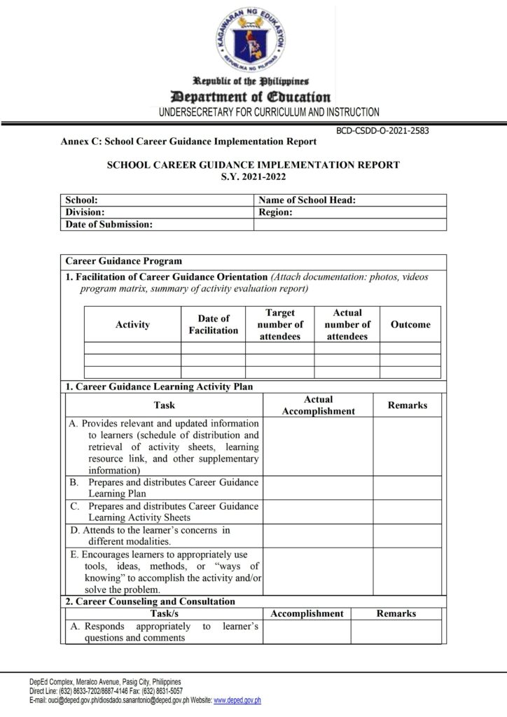 DepEd School Career Guidance Implementation Report Form
