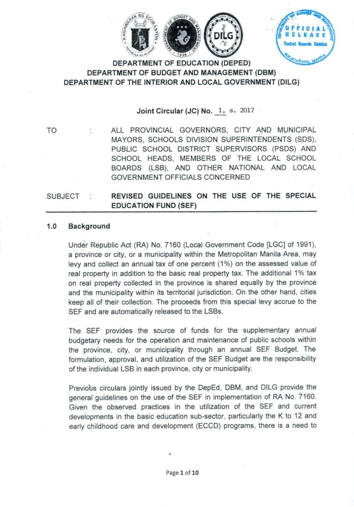 DepEd-DBM-DILG Joint Memorandum Circular No. 1, s. 2017