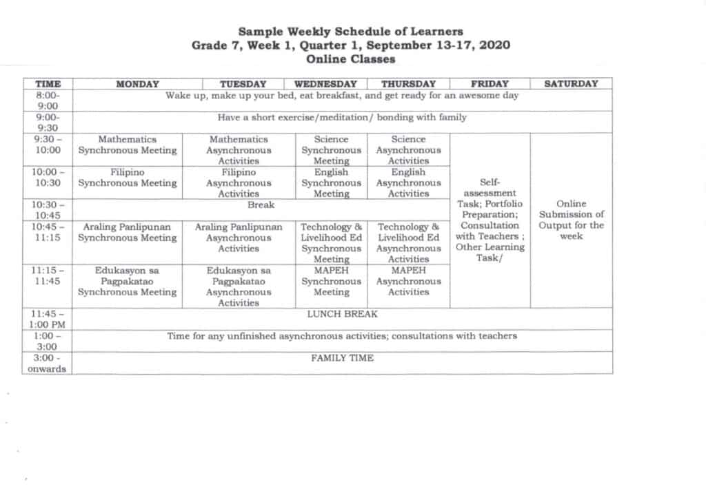 DepEd Sample Weekly Schedule of Learners