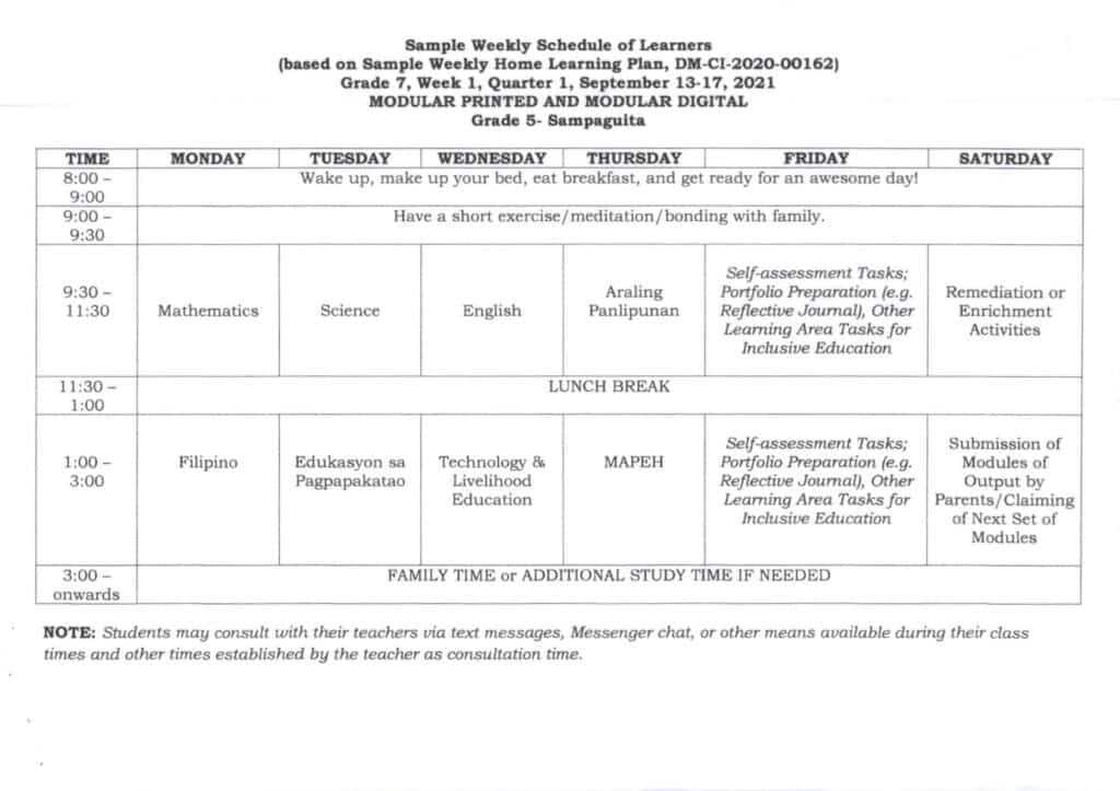 Sample Weekly Schedule of Learners (DM-CI-2020-00162)