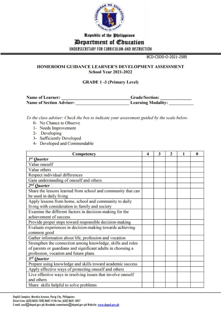 DepEd Grade 1-3 Homeroom Guidance Learner’s Development Assessment Primary Level