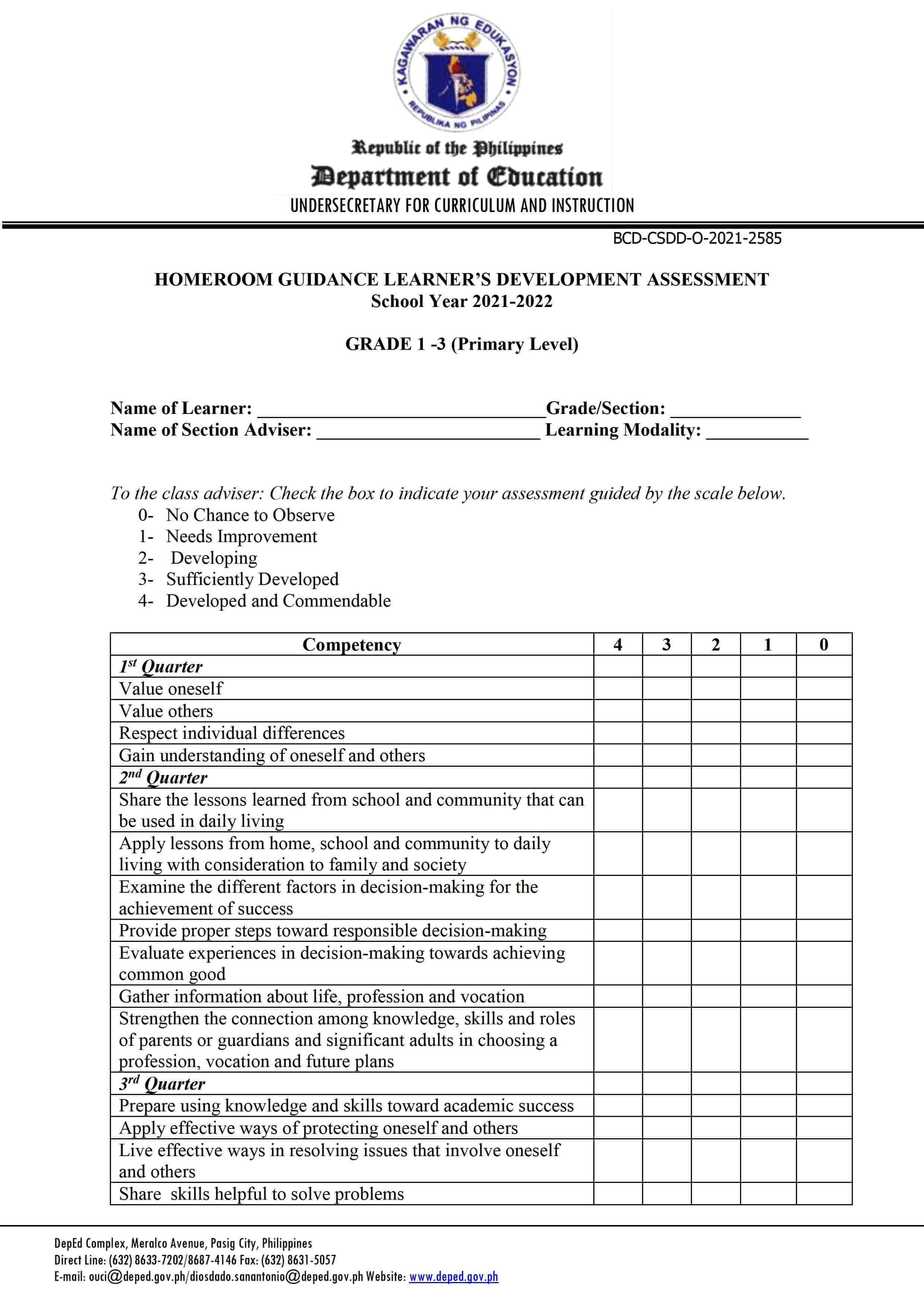 Deped Grade 1 3 Homeroom Guidance Learners Development Assessment